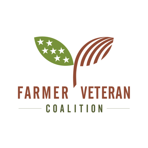 Logo of the Farmer Veteran Coalition featuring green and brown leaves with stars, symbolizing support for veterans in agriculture.