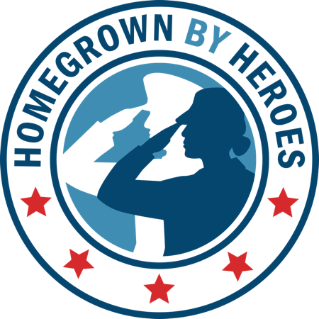 Logo of the "Homegrown by Heroes" program featuring a silhouette of a soldier saluting, surrounded by a circular design with stars and the program name. This initiative supports veteran-owned businesses.